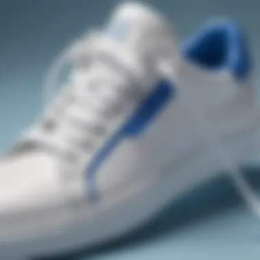 Close-up view of white and blue sneakers showcasing their design