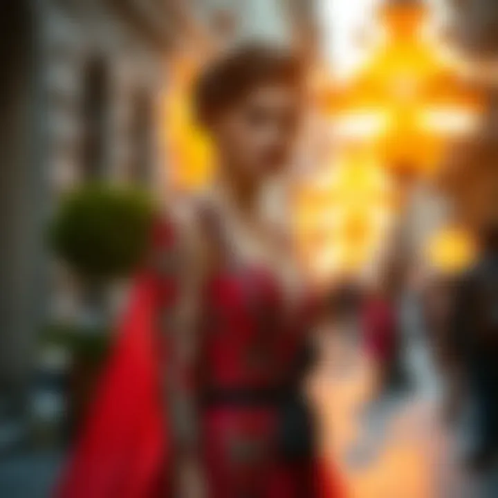 Bold and vibrant evening dress with intricate details