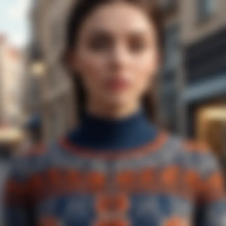 A fashion-forward outfit featuring patterned knitwear