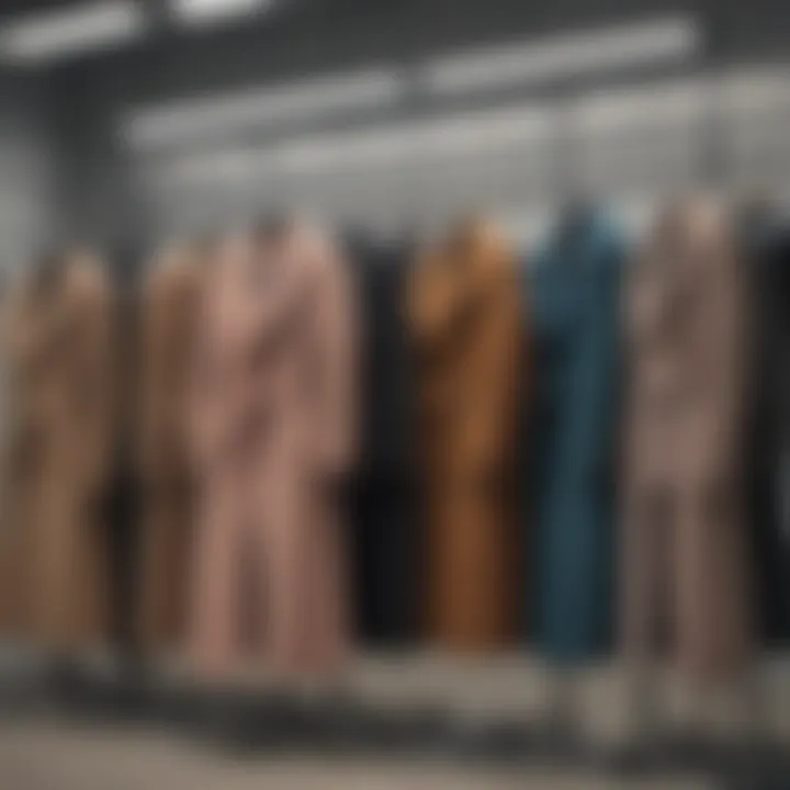 Various styles of low-shoulder coats displayed on a rack