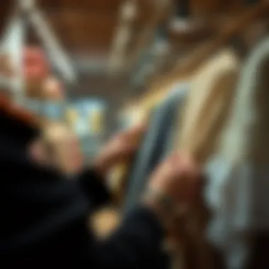 A person examining fabric textures in a boutique