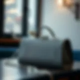 Stylish grey evening bag on a table