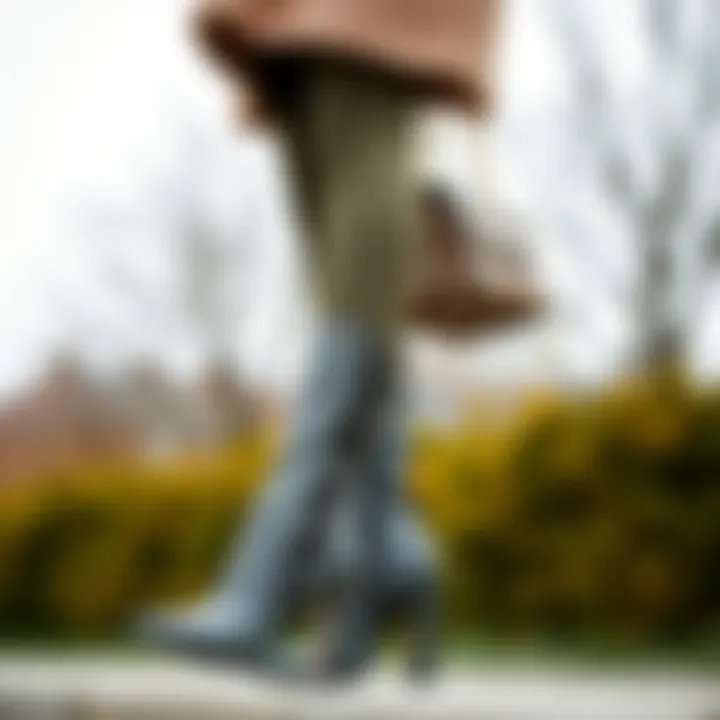 Fashionable outfit featuring grey heeled boots and complementary accessories