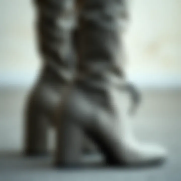Close-up of grey heeled boots emphasizing texture and design