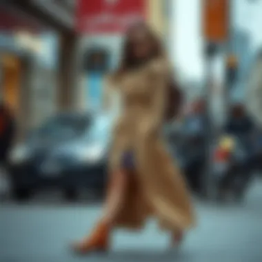 Combination of trench coat with accessories and footwear