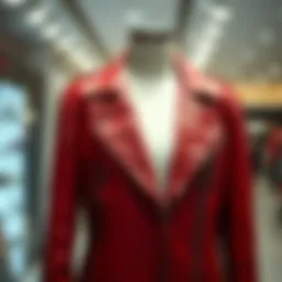 A striking red leather jacket displayed on a mannequin, showcasing its sleek design and texture.