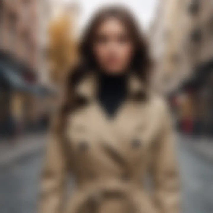 A stylish individual wearing a Kiğılı trench coat on a city street during fall.