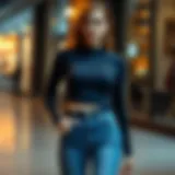 Elegant long-sleeve crop top styled with high-waisted jeans