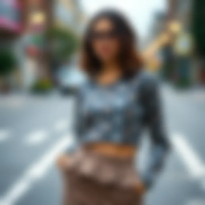 Fashion-forward look combining a patterned long-sleeve crop with a skirt