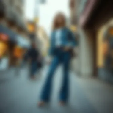 A fashion-forward combination of denim and flared pants