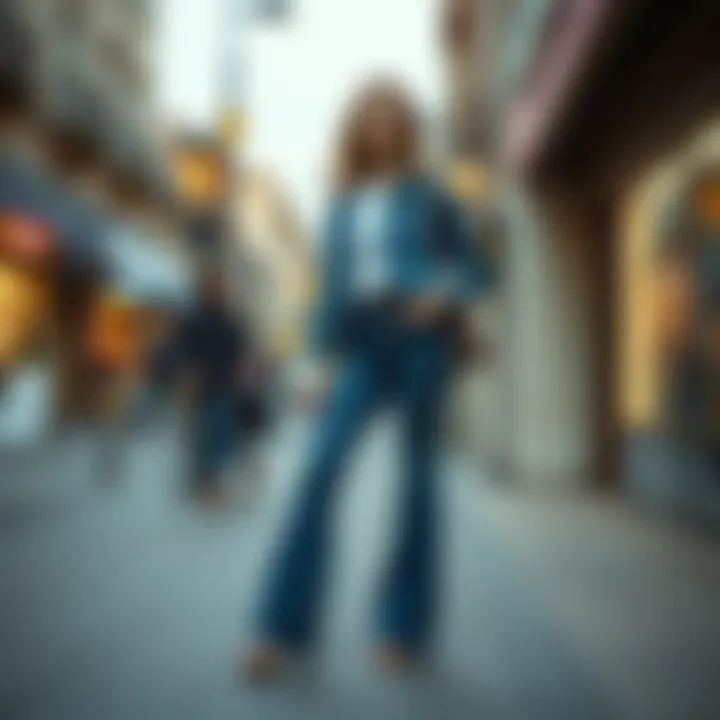A fashion-forward combination of denim and flared pants