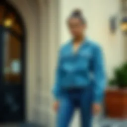 A stylish outfit featuring denim jeans and a flared cut