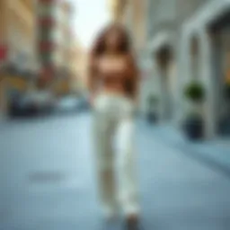 Fashionable cream baggy pants styled with a chic top