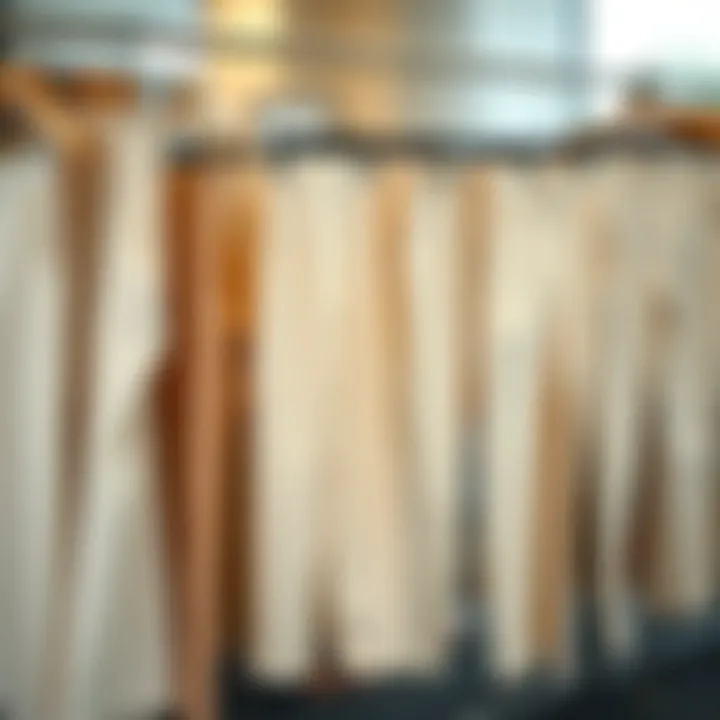 Various cream baggy pants designs displayed on a rack
