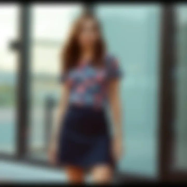 Chic navy mini skirt styled with a vibrant top