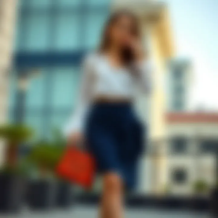 Navy mini skirt paired with elegant accessories