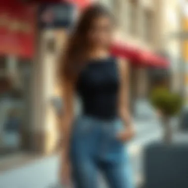 Stylish Look with Black Body and High-Waisted Jeans Woman wearing a black body with high-waisted jeans