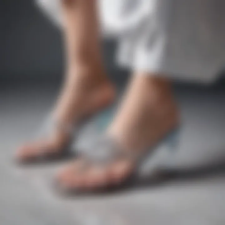 Close-up of stylish transparent slippers paired with modern attire