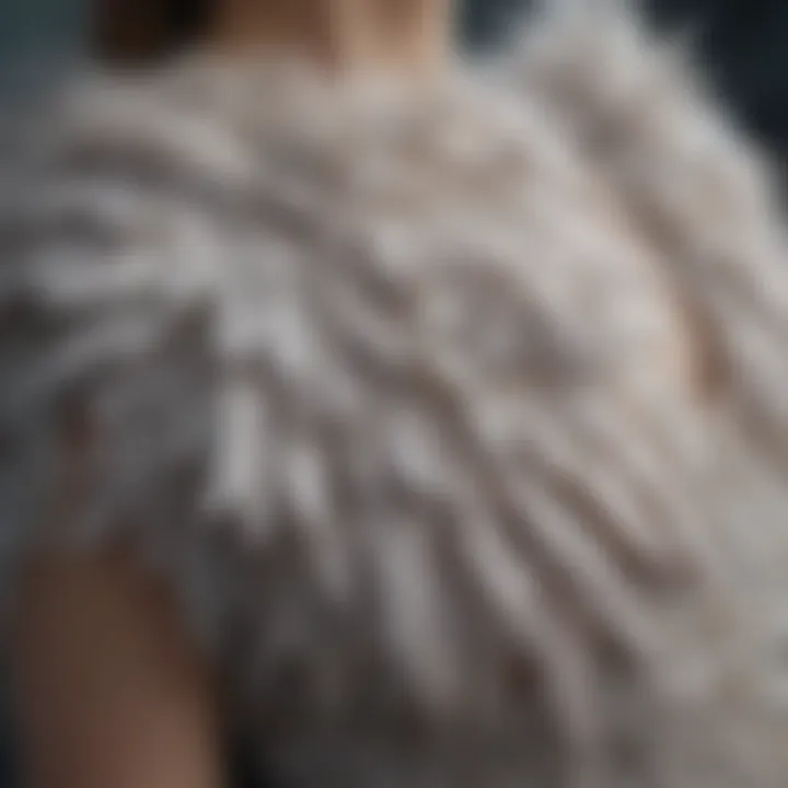 Close-up of feather embellishments on a gown