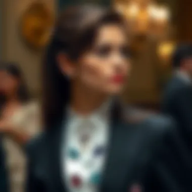 Formal event attire featuring gemstone details