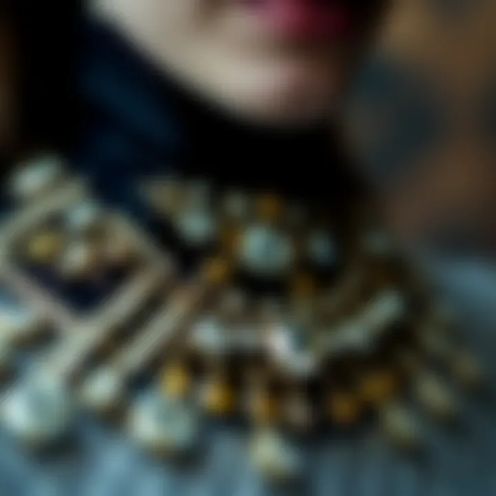 Close-up of intricate collar designs with stones