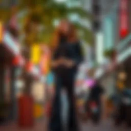 A stylish woman showcasing flare pants with slits in a vibrant urban setting.